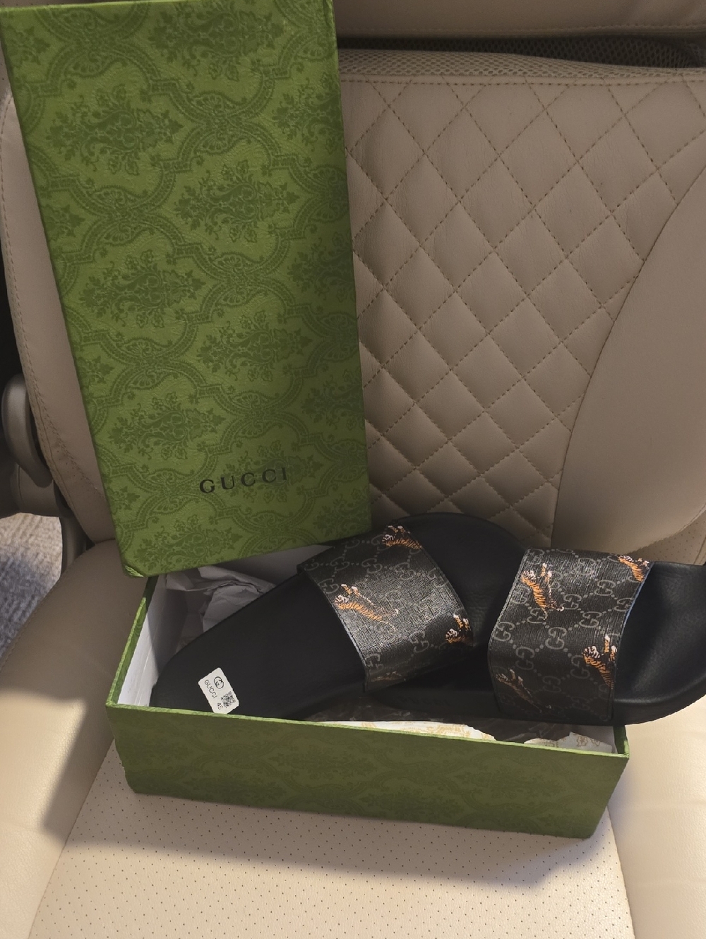 Gucci Black GG Monogram Slides with Tiger Accent